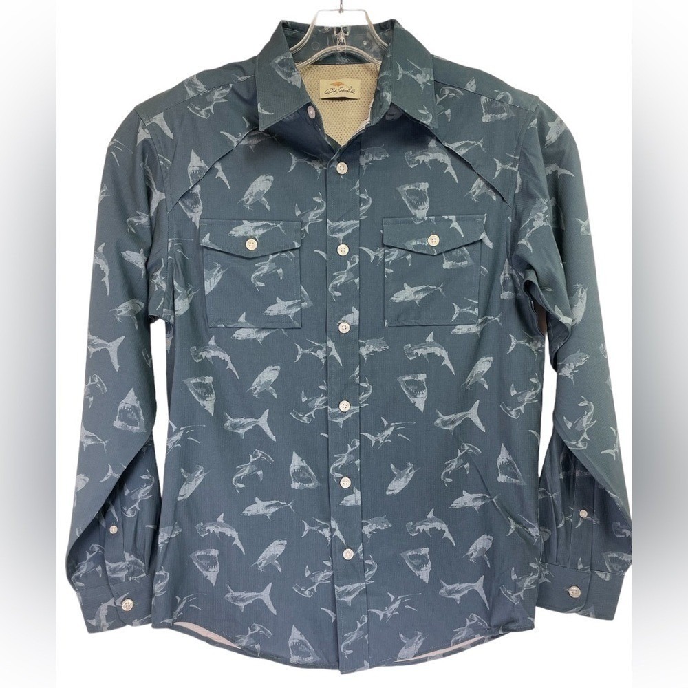 Bob Timberlake Mens Sz Small Blue Shark Pattern Vented Fishing Shirt (K18) NW/OT